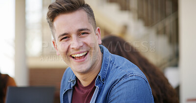 Buy stock photo Man, education and portrait of university student laughing for learning, knowledge and scholarship. Smile, college learner and funny person at campus for development, opportunity and future at school