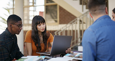 Buy stock photo Library, friends and group with laptop, education or research for exam on website, learn and online. Studying, students and people with tech in university, plan and test preparation with knowledge