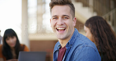 Buy stock photo Happy, university and portrait of man at campus for education with confidence for studying. Laugh, pride and male student with group for learning with college exam, assignment or test outdoor.