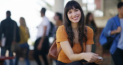 Buy stock photo Smile, college and portrait of woman at campus for education with confidence for studying. Happy, pride and female student with group for learning with university exam, assignment or test outdoor.