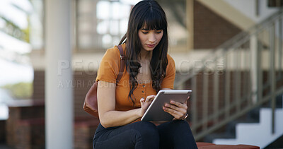 Buy stock photo Girl, student and online curriculum with tablet for network connection, study or course on campus. Female person, academic learner and scrolling with technology for higher education, learning or app