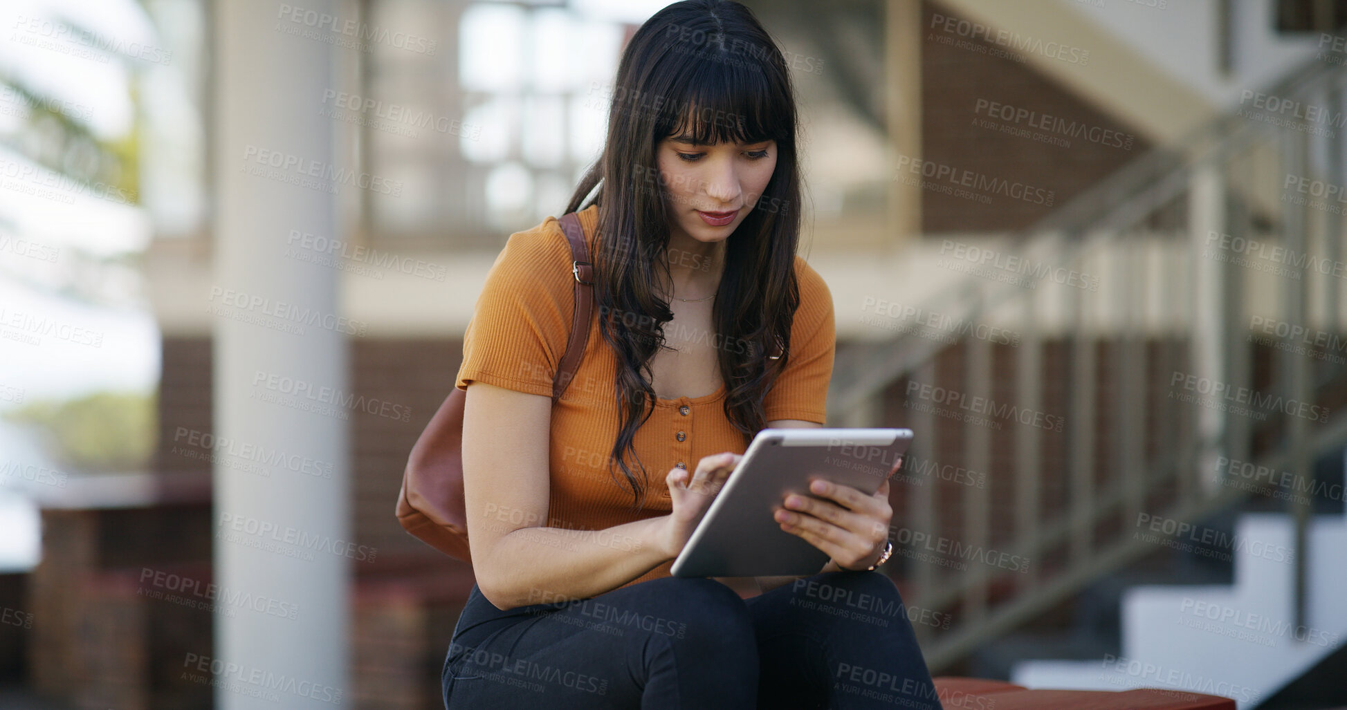 Buy stock photo Girl, student and online curriculum with tablet for network connection, study or course on campus. Female person, academic learner and scrolling with technology for higher education, learning or app