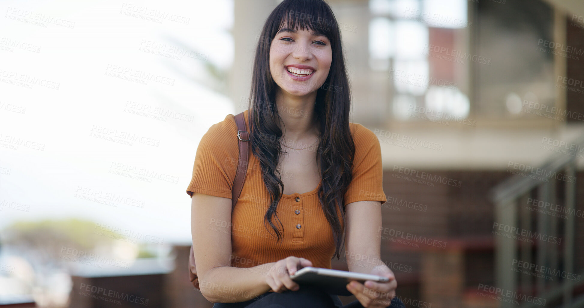 Buy stock photo Smile, tablet and portrait of woman in college for education, research thesis and scholarship application. Dissertation grant, university and space with student or person on campus for online project