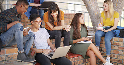 Buy stock photo Happy, students and steps with laptop at campus for education, research and group project. People, pc and textbook for learning, university scholarship and studying information for exam preparation
