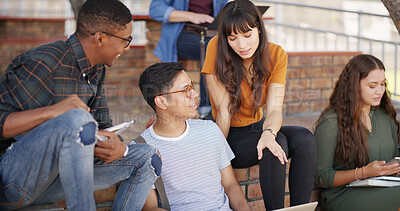 Buy stock photo Education, diversity and friends in university with tech, social and network for success. Happy, students and people in college with advice, study group and break from examination preparations.