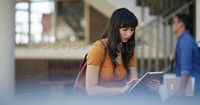 Buy stock photo Girl, student and tablet with online results for college assessment, study or course on campus. Female person, academic learner and research with technology for higher education, learning or app