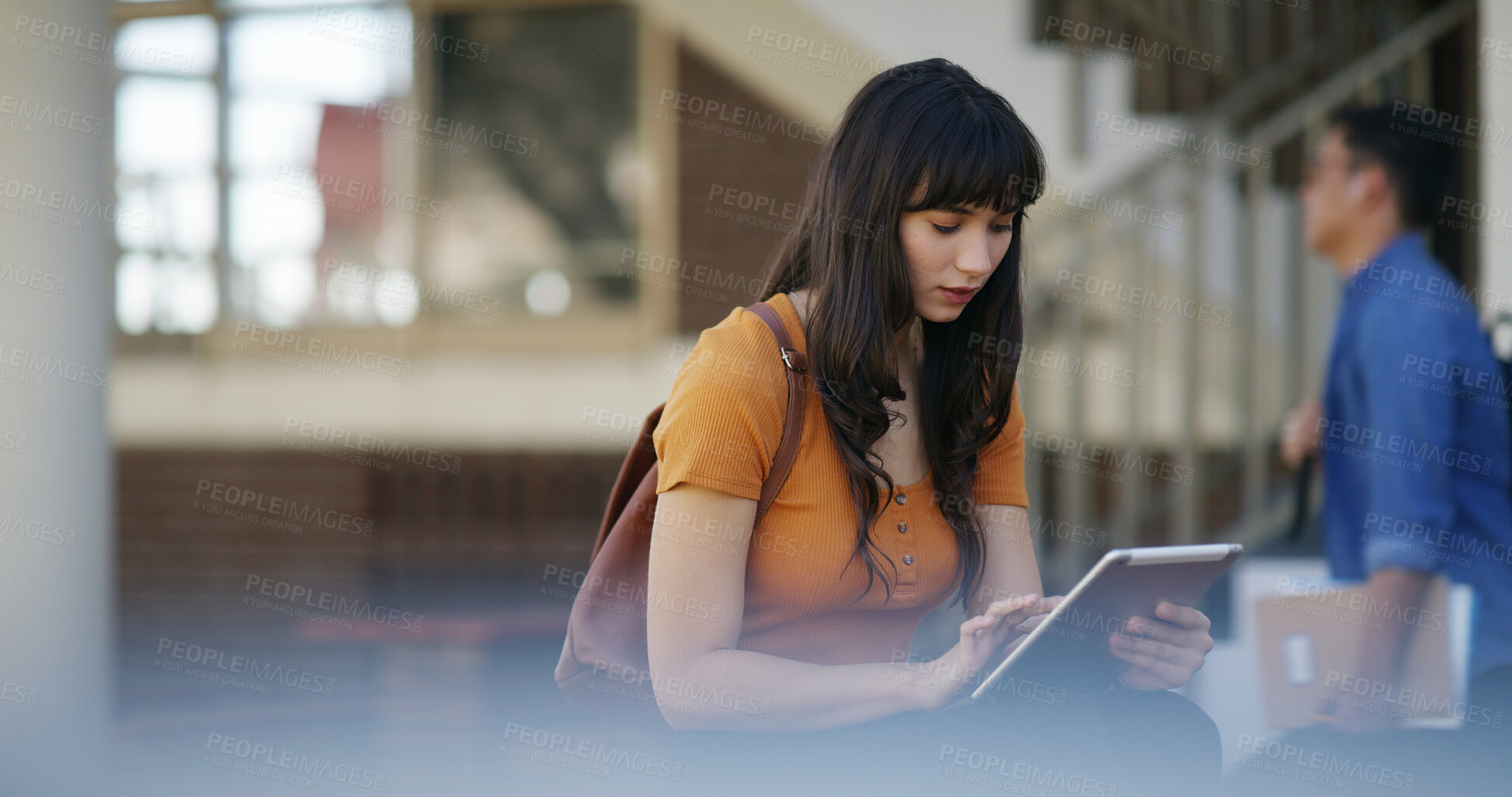 Buy stock photo Girl, student and tablet with online results for college assessment, study or course on campus. Female person, academic learner and research with technology for higher education, learning or app