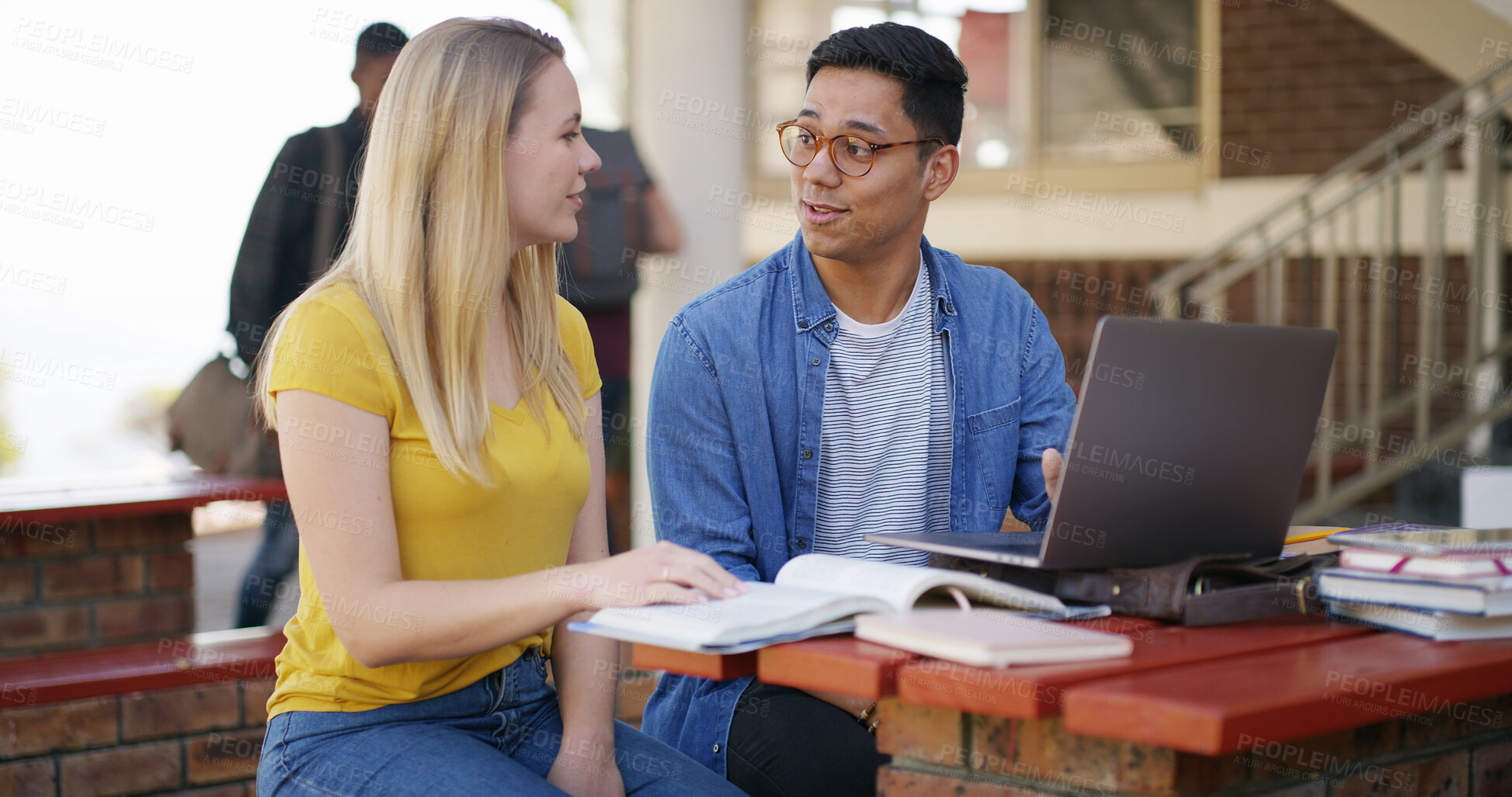 Buy stock photo Studying, friends and people with books and laptop on campus for learning, education and exam prep. School, university and woman with man on computer with textbooks for assignment, test and knowledge