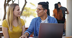 Students, team and laptop with discussion outdoor for education, learning and assignment research. Studying, man and woman prepare for exam with chat for knowledge and partner on university campus