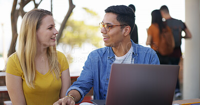 Buy stock photo Students, team and laptop with discussion outdoor for education, learning and assignment research. Studying, man and woman prepare for exam with chat for knowledge and partner on university campus