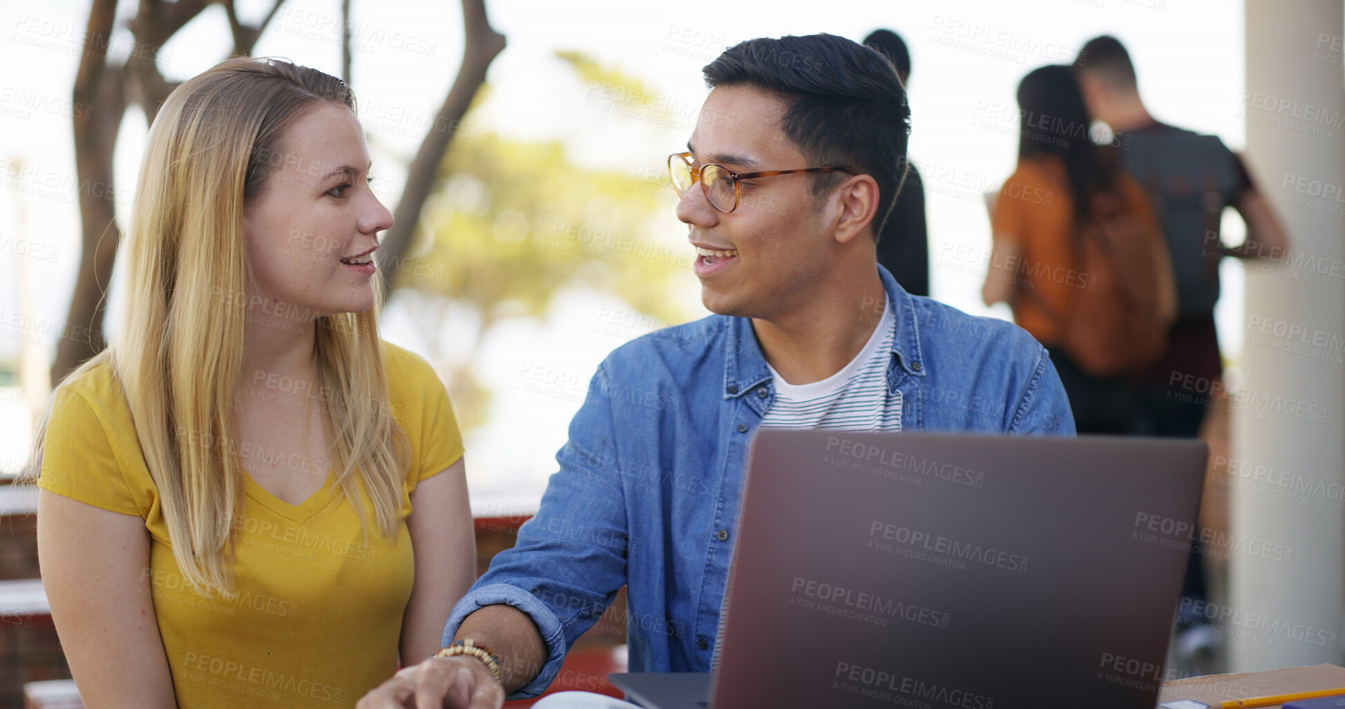 Buy stock photo Students, team and laptop with discussion outdoor for education, learning and assignment research. Studying, man and woman prepare for exam with chat for knowledge and partner on university campus