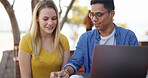 Students, team and discussion with reading outdoor for education, learning and laptop for assignment. Study, man and woman prepare for exam with book for knowledge and partner on university campus