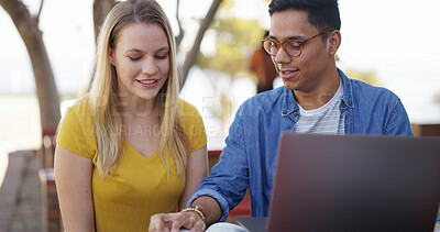 Buy stock photo Students, team and discussion with reading outdoor for education, learning and laptop for assignment. Study, man and woman prepare for exam with book for knowledge and partner on university campus