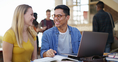 Buy stock photo Students, happy and learning with laptop on campus for exam study, test preparation or books. Education tutor, people and tech at university for coursework help, essay guidance and academic feedback