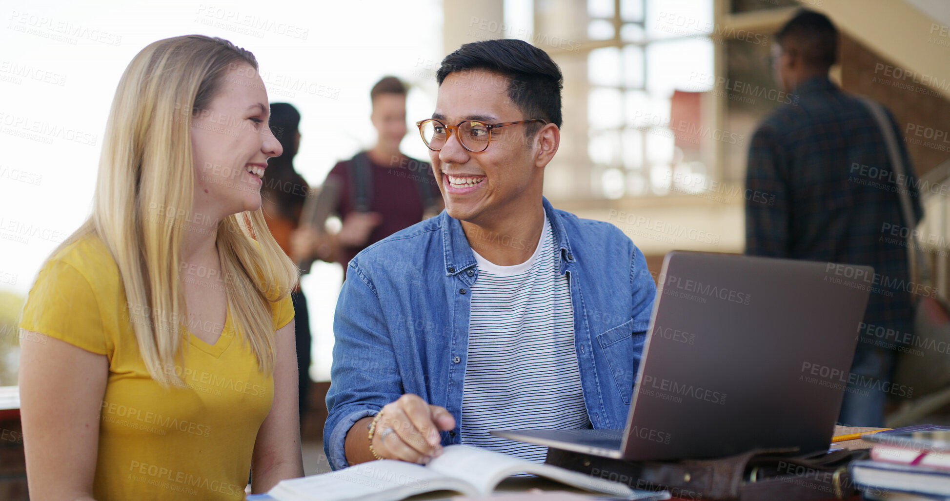 Buy stock photo Students, happy and learning with laptop on campus for exam study, test preparation or books. Education tutor, people and tech at university for coursework help, essay guidance and academic feedback