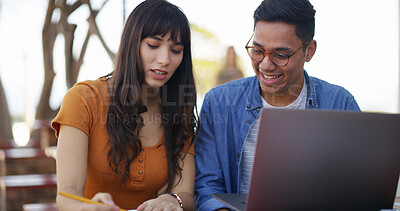 Buy stock photo Laptop, writing and people at university with studying for test, assignment or exam together. Computer, education and students talking for assessment with research for learning at college campus.