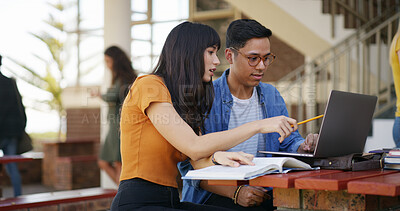 Buy stock photo Studying, students and people with notes and laptop on campus for learning, education and exam prep. School, university and woman with man on computer with textbooks for college, test and knowledge