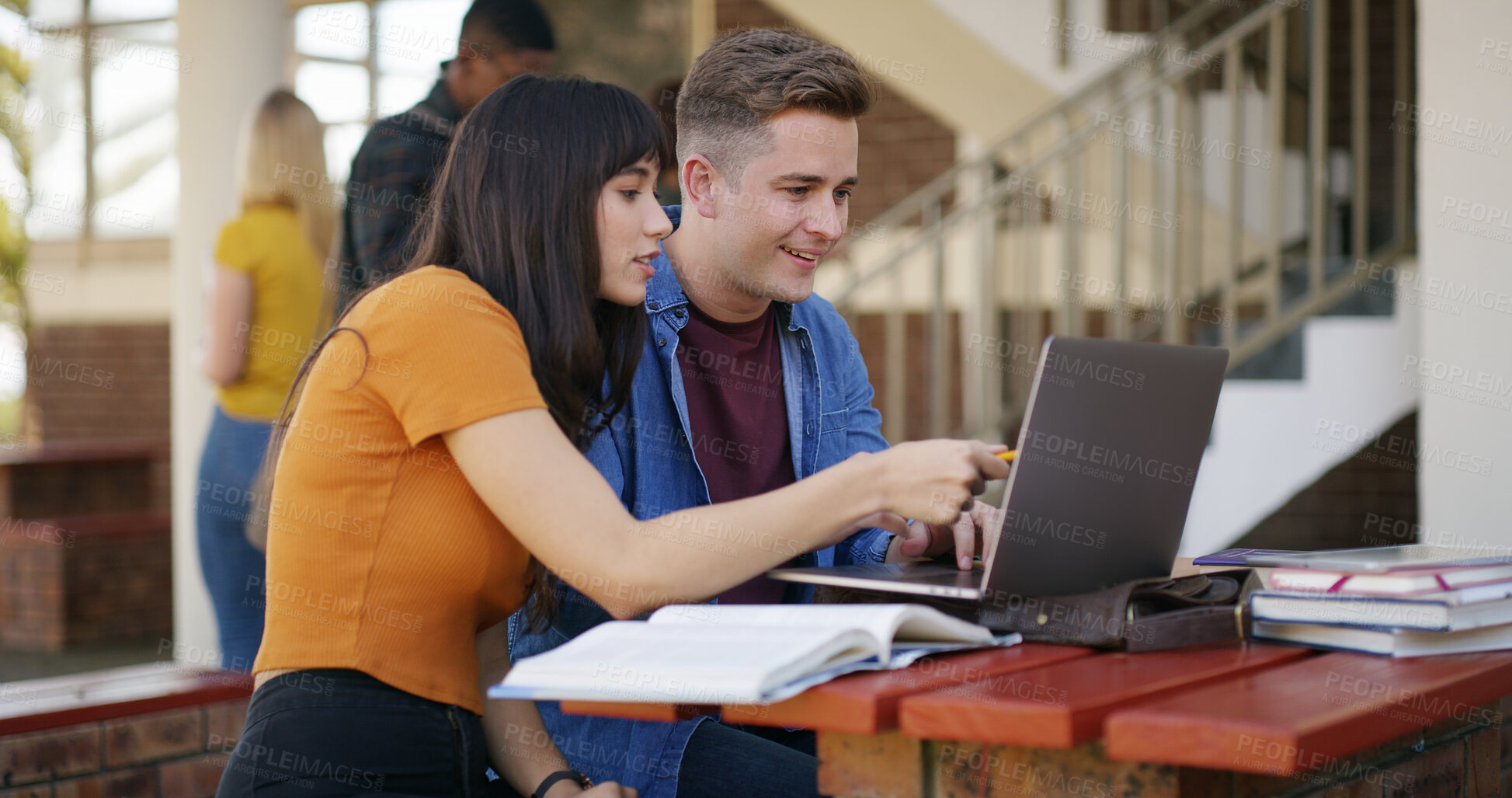 Buy stock photo Studying, friends and students with laptop on campus for learning, education or exam prep. School, university and woman with man on computer with textbooks for assignment, college course or knowledge