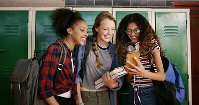 Buy stock photo High school, mobile and friends laugh for funny meme, education or scholarship on internet. Phone, students and teen girls learning with app for joke, game or check test results for assessment online