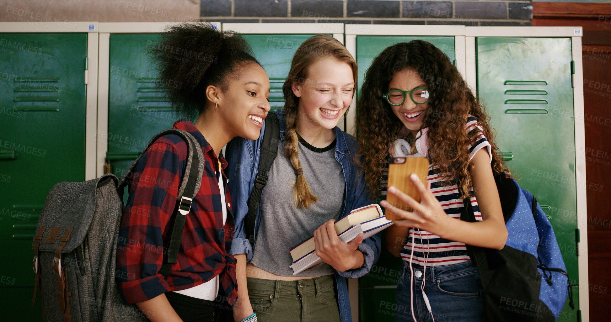 Buy stock photo High school, mobile and friends laugh for funny meme, education or scholarship on internet. Phone, students and teen girls learning with app for joke, game or check test results for assessment online