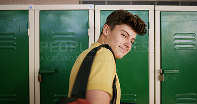 Buy stock photo Happy, education and portrait of boy teenager at high school with confidence for learning. Smile, pride and face of male person with backpack for development or growth in hallway at campus or academy