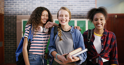 Buy stock photo High school students, friends and smile with portrait for education support, learning or knowledge. Teenager, girls and happy with textbooks in hallway for study group, academic pride or class recess