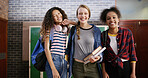 High school friends, girls and happy with portrait for education, learning break and scholarship. Teenager, students and confidence with textbooks in hallway for study group, development or knowledge
