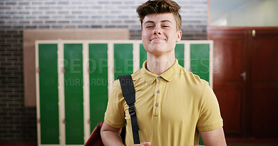 Buy stock photo Smile, education and portrait of boy teenager at high school with confidence for learning. Happy, pride and male person with backpack for development or growth in hallway at campus or academy