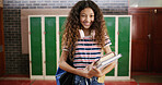 Portrait, student and girl with books for education, happy at high school for learning and study. Textbook, scholar or pupil with teen person on campus, academic scholarship or smile with headphones 