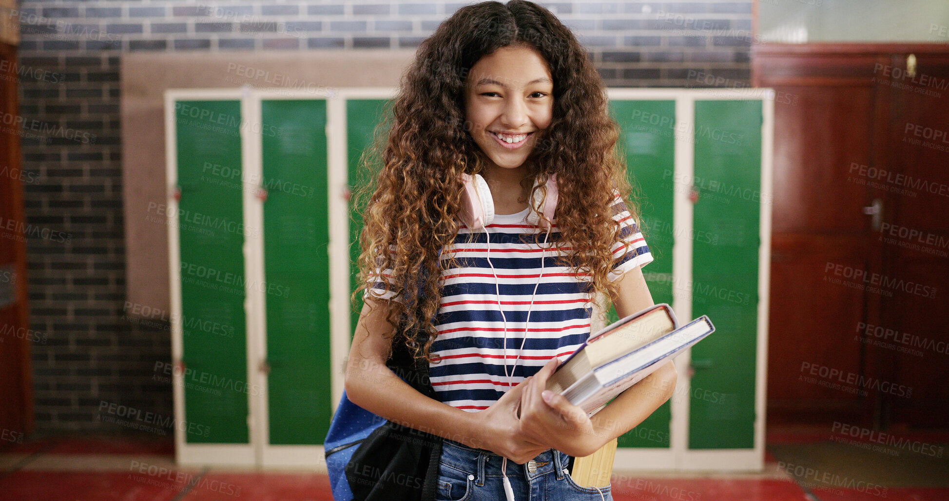 Buy stock photo Portrait, student and girl with books for education, happy at high school for learning and study. Textbook, scholar or pupil with teen person on campus, academic scholarship or smile with headphones