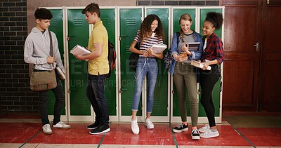 Buy stock photo Education, group and people at high school for story, gossip or learning at recess. Teenagers, happy friends or students in conversation on break by lockers with books, chat and laugh at campus