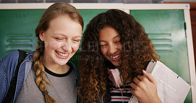 Buy stock photo Laugh, students and reading with friends in high school for education, project assignment and study team. Funny, learning and exam planning with teenager or girl in hallway for conversation and joke