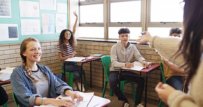 Buy stock photo High school, asking and teacher with students in classroom for curriculum, education and learning. Academy, teaching and woman with teenagers for discussion, question and listening for knowledge