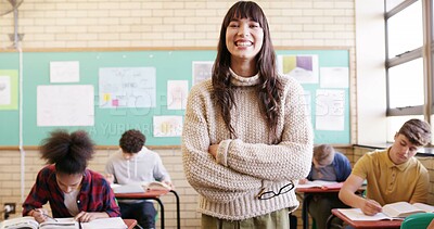 Buy stock photo Crossed arms, happy and portrait of woman teacher in classroom with confidence for education career. Smile, knowledge and educator with pride for job, growth or development at high school or academy.