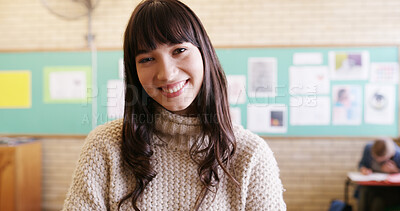 Buy stock photo Happy, school and portrait of teacher in classroom with confidence, pride and smile for education. Academy, lesson and woman with teenager students for learning, teaching and development for career