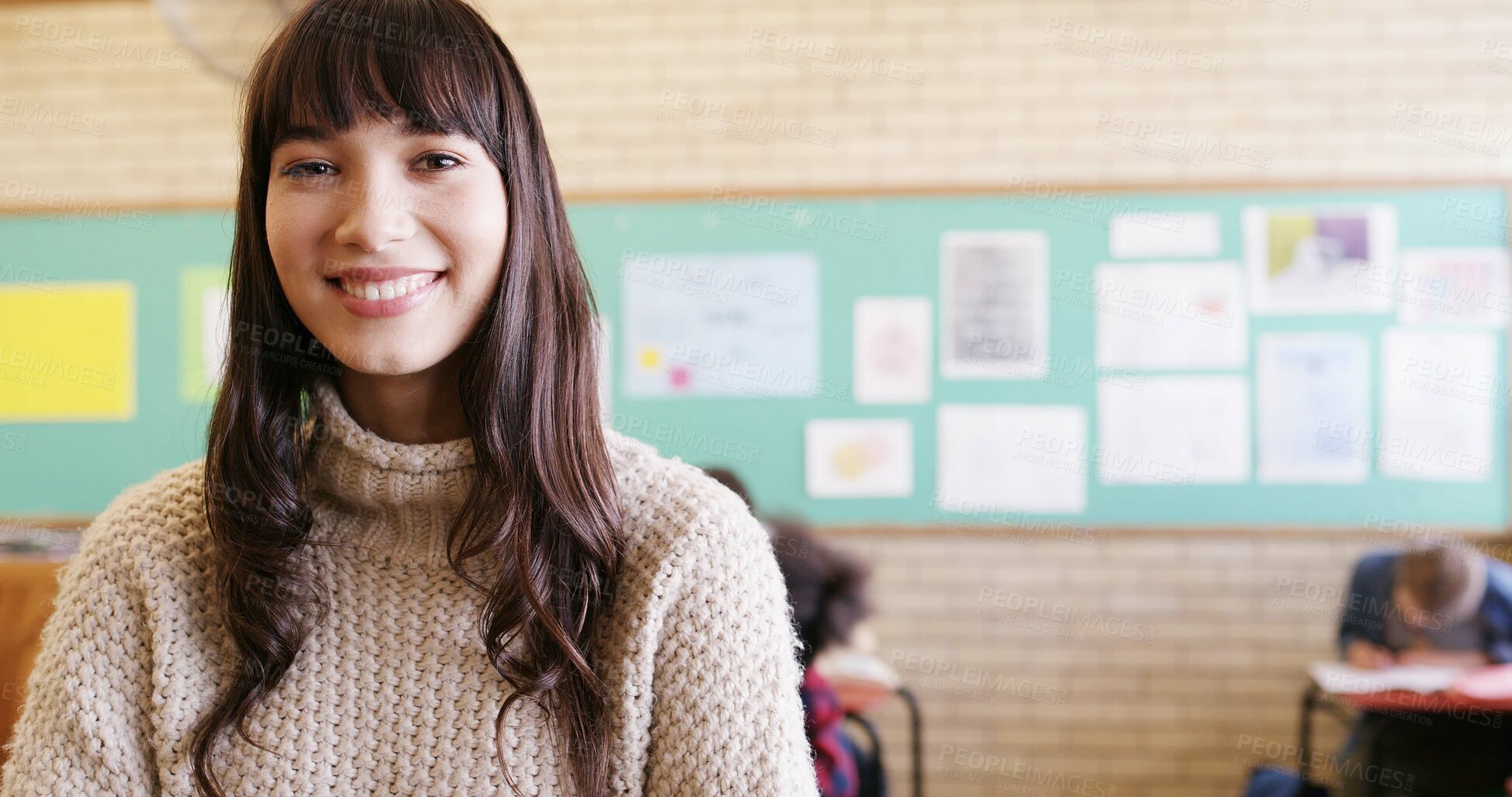 Buy stock photo Happy, high school and portrait of teacher in classroom with confidence, pride and smile for education. Academy, space and woman with teenagers for learning, teaching and development for career