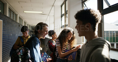 Buy stock photo High school, friends and girls laugh in hallway for campus gossip, learning and education. Teen, students and funny joke together on break with humor, story and conversation for chat with news