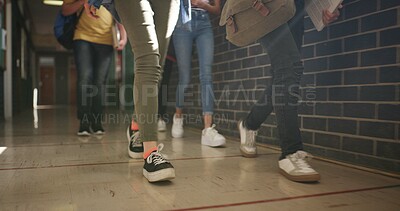Buy stock photo School, legs or children walking in hallway, education or skill development in morning lesson. Knowledge, study or teen students with bags in corridor, curriculum or hurry for interesting class