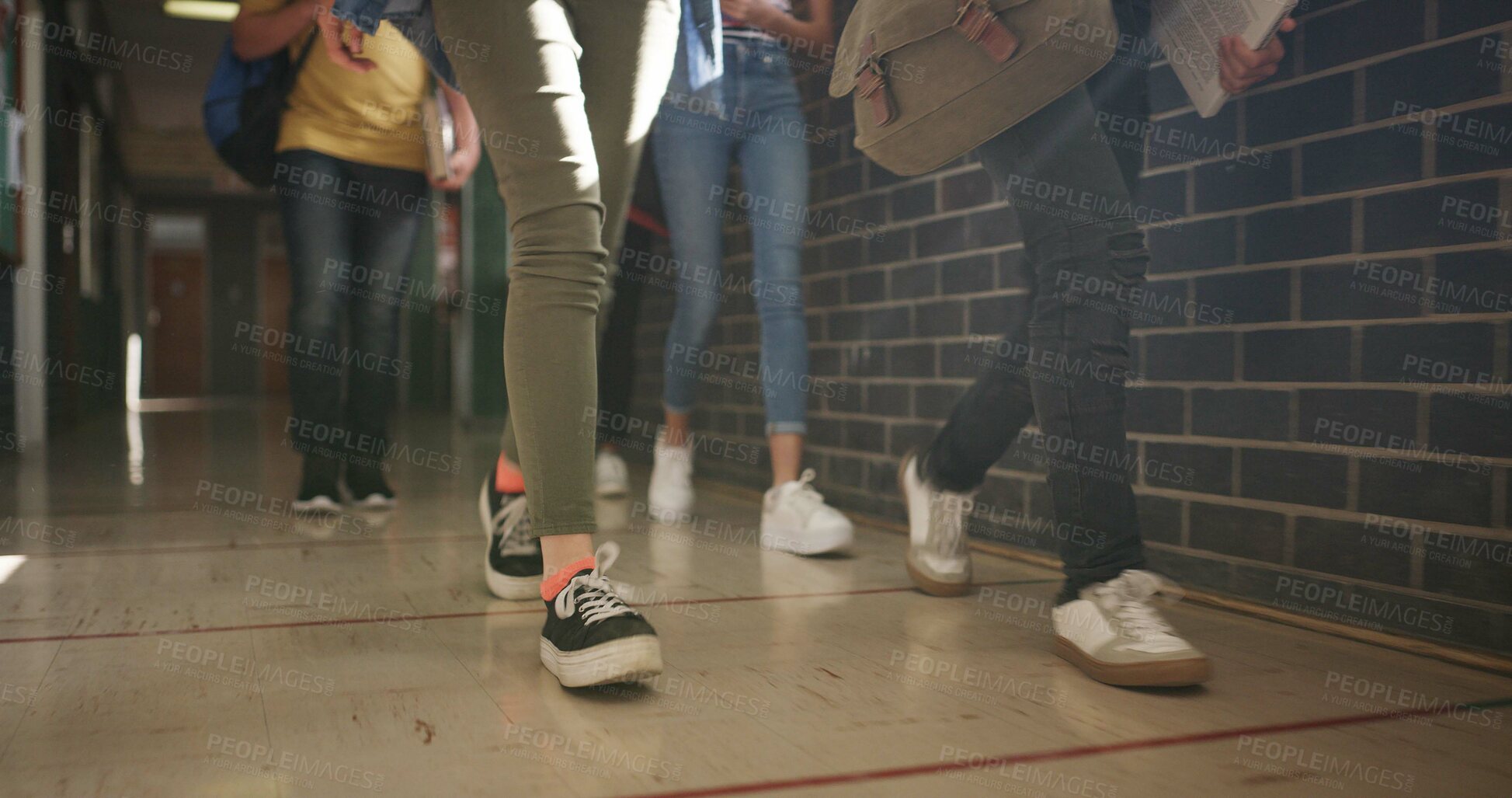 Buy stock photo School, legs or children walking in hallway, education or skill development in morning lesson. Knowledge, study or teen students with bags in corridor, curriculum or hurry for interesting class