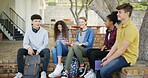 Group, high school students and talk outdoor for education, learning or study with knowledge. Teen, happy girls and boys at campus for conversation, scholarship and smile with friends together