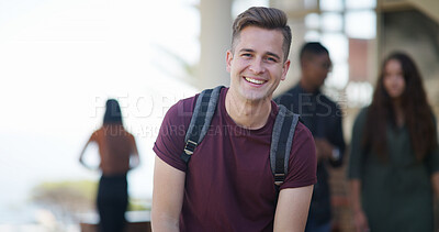 Buy stock photo Happy, student and portrait of man in college for education, future and scholarship opportunity. Learning, smile and university with male person on campus for studying, knowledge and development
