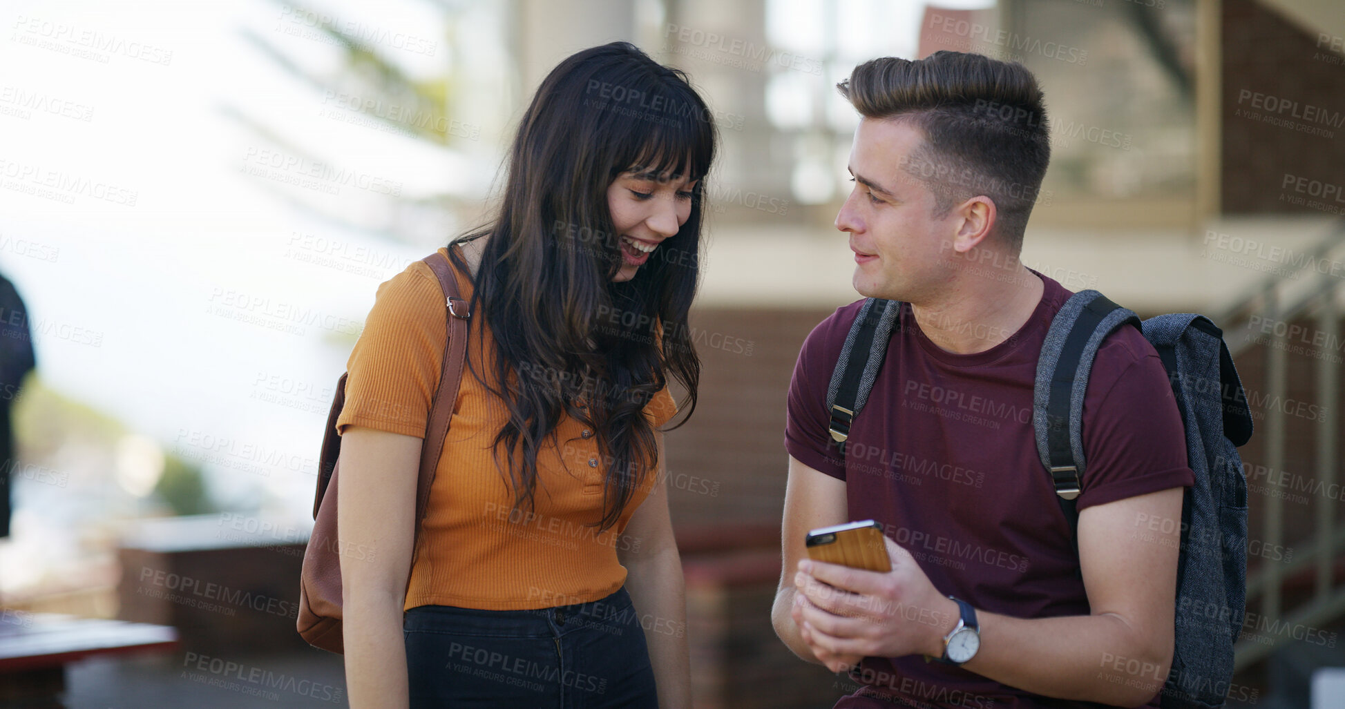 Buy stock photo University, students and people with smartphone, outdoor and funny meme with education. Campus, college and friends with cellphone, conversation or social media with internet gossip, joke or laughing