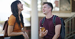 Conversation, joke and friends at university with laughing for comedy, humor or comic together. Talking, funny and students with discussion for education, exam marks or test at college campus.