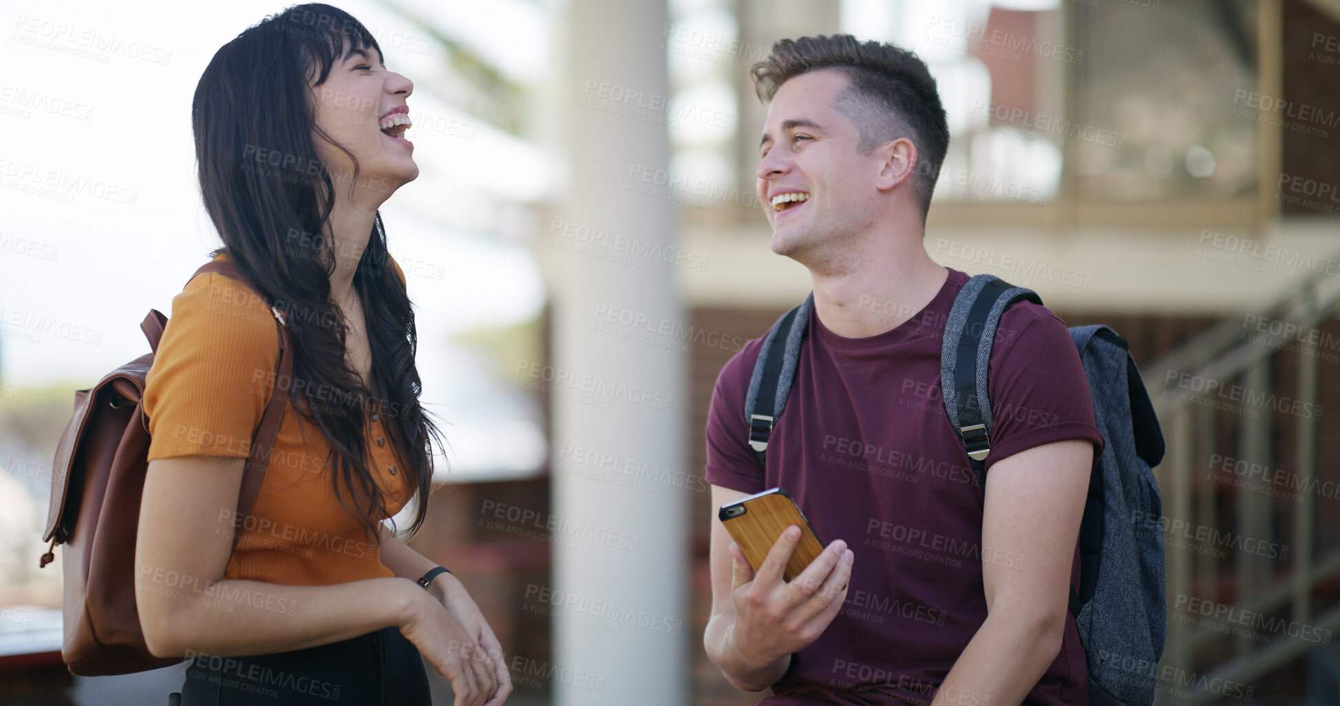 Buy stock photo Conversation, joke and friends at university with laughing for comedy, humor or comic together. Talking, funny and students with discussion for education, exam marks or test at college campus.