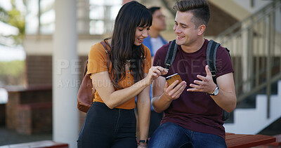 Buy stock photo University, students and friends with smartphone, smile or conversation with education. Online humor, college or happy people with cellphone, joke or social media with internet, studying or knowledge
