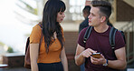 University, students and friends with smartphone, outdoor and conversation with education. Campus, college and people with cellphone, discussion and social media with internet gossip, app and email