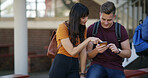University, students and friends with smartphone, online reading and email for test results. Outdoor, college and people with cellphone, talking and social media with internet gossip, app or learning