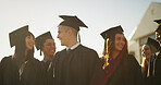 Graduation, students and group with hats, college and celebration of milestone and academic success. University, achievement and people with robes for event, education and complete studies or course