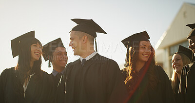 Buy stock photo Graduation, students and group with hats, college and celebration of milestone and academic success. University, achievement and people with robes for event, education and complete studies or course