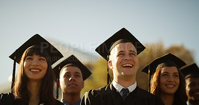 Buy stock photo University, students and man with graduation, celebration and smile with achievement. Outdoor, college and happy people with knowledge, success and congratulations with award, ceremony and education